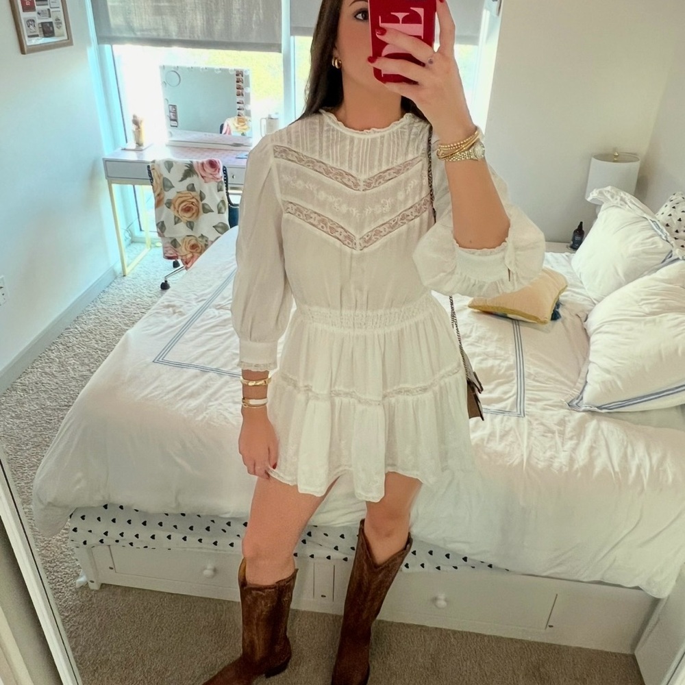 LOVE SHACK FANCY: Long Sleeve White Lace Mini Dress